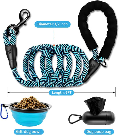 1 Dog Leash 5FT/6 FT Thick Durable Nylon Dog Rope-Comfortable Padded Handle Reflective Rope Dog Leash for Medium Large Dogs with Collapsible Pet Bowl and Garbage Bags (Flower Blue1/2 X6Ft)