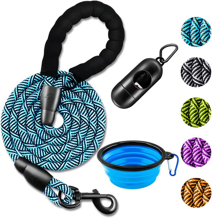 1 Dog Leash 5FT/6 FT Thick Durable Nylon Dog Rope-Comfortable Padded Handle Reflective Rope Dog Leash for Medium Large Dogs with Collapsible Pet Bowl and Garbage Bags (Flower Blue1/2 X6Ft)