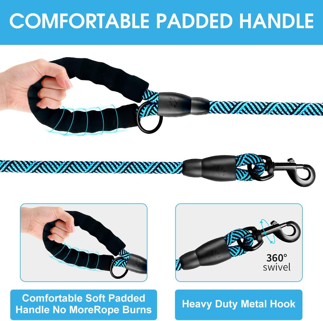 1 Dog Leash 5FT/6 FT Thick Durable Nylon Dog Rope-Comfortable Padded Handle Reflective Rope Dog Leash for Medium Large Dogs with Collapsible Pet Bowl and Garbage Bags (Flower Blue1/2 X6Ft)