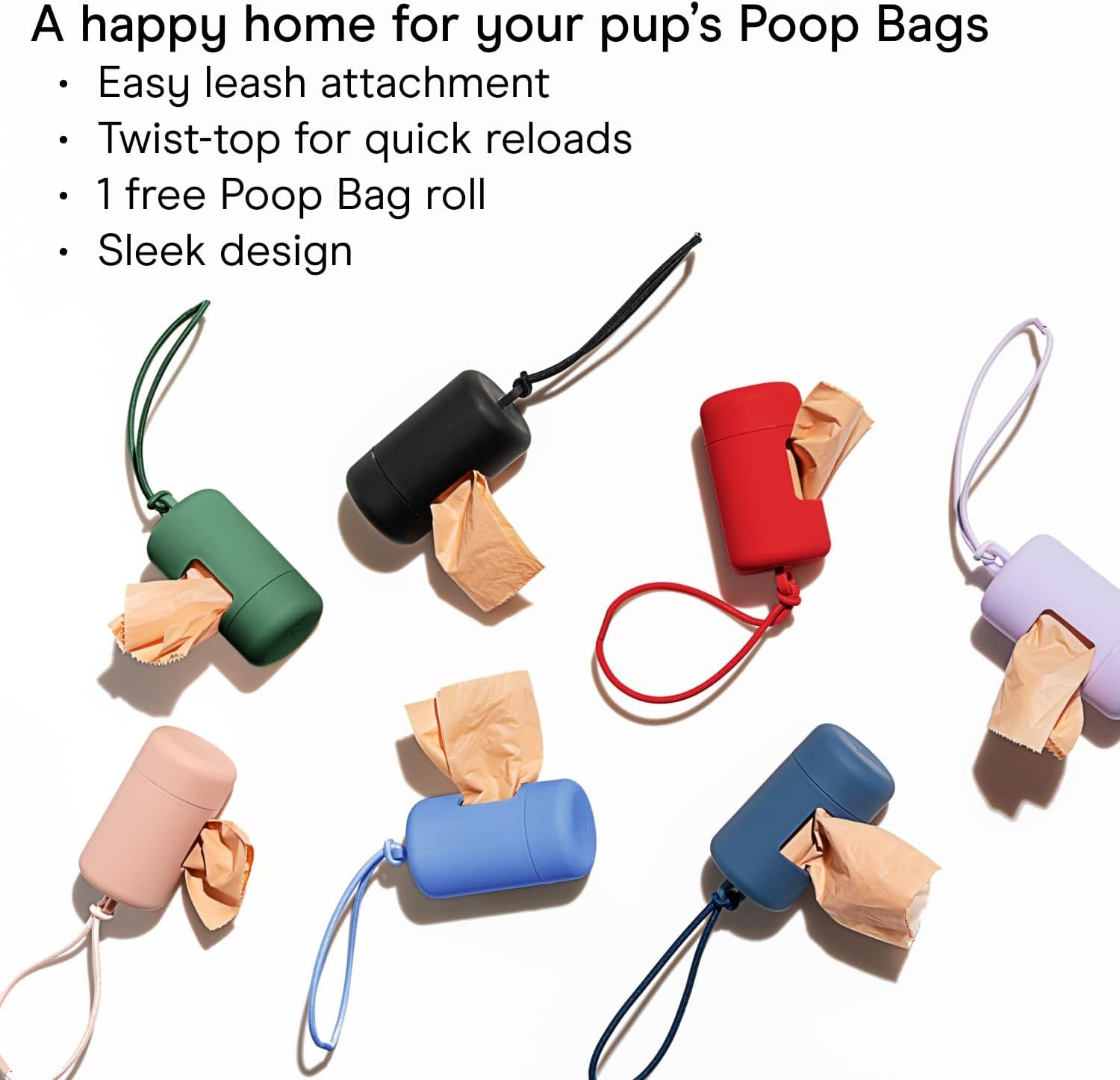 Dog Poop Bag Holder and Dispenser with Leash Attachment, Leak Proof, Easy Twist Top for Refills, Includes 1 Roll Bags, Blush